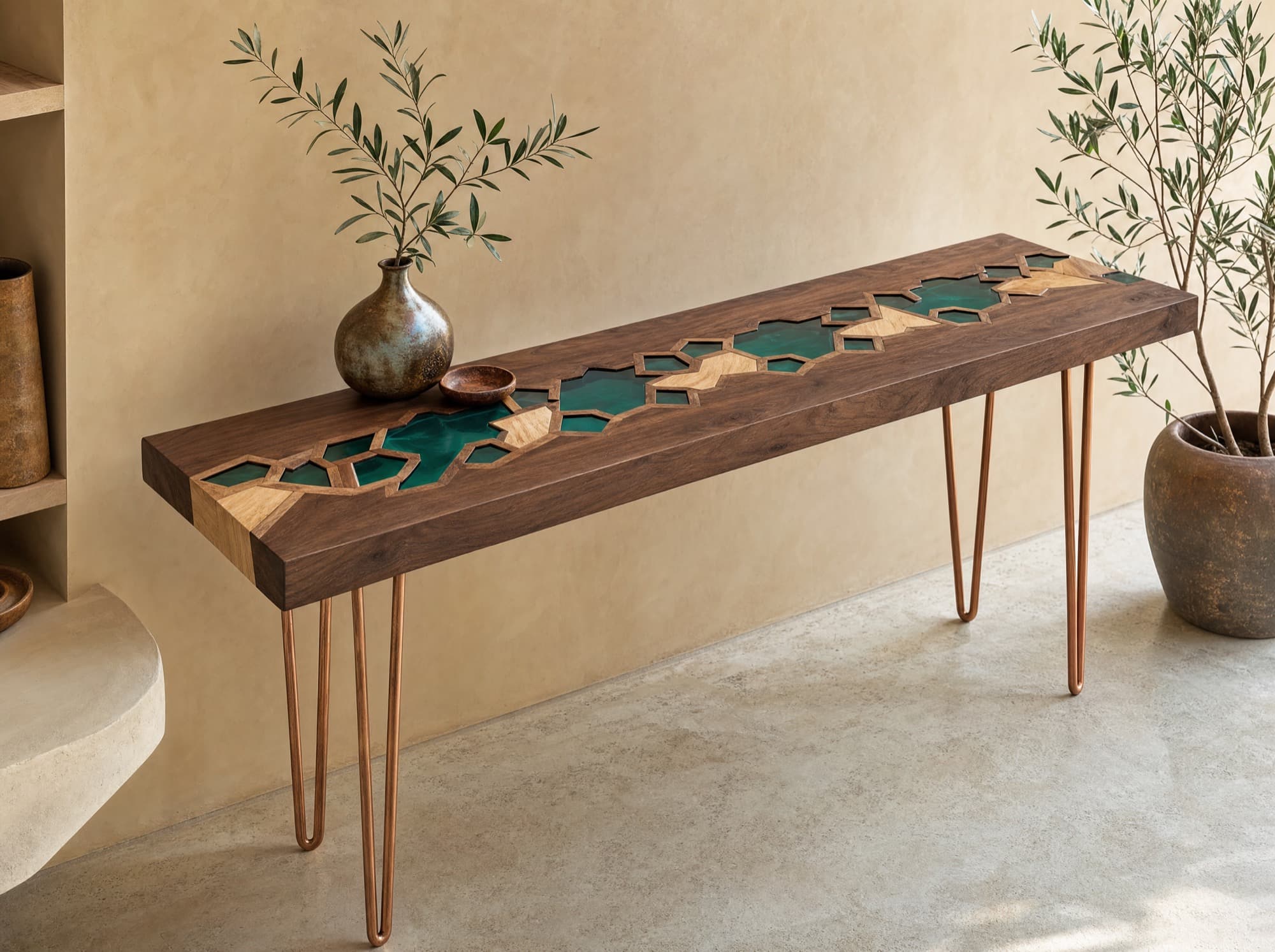 A multi-material Plexus piece — solid walnut with cast-resin inlay and copper legs, in a warm limewash room